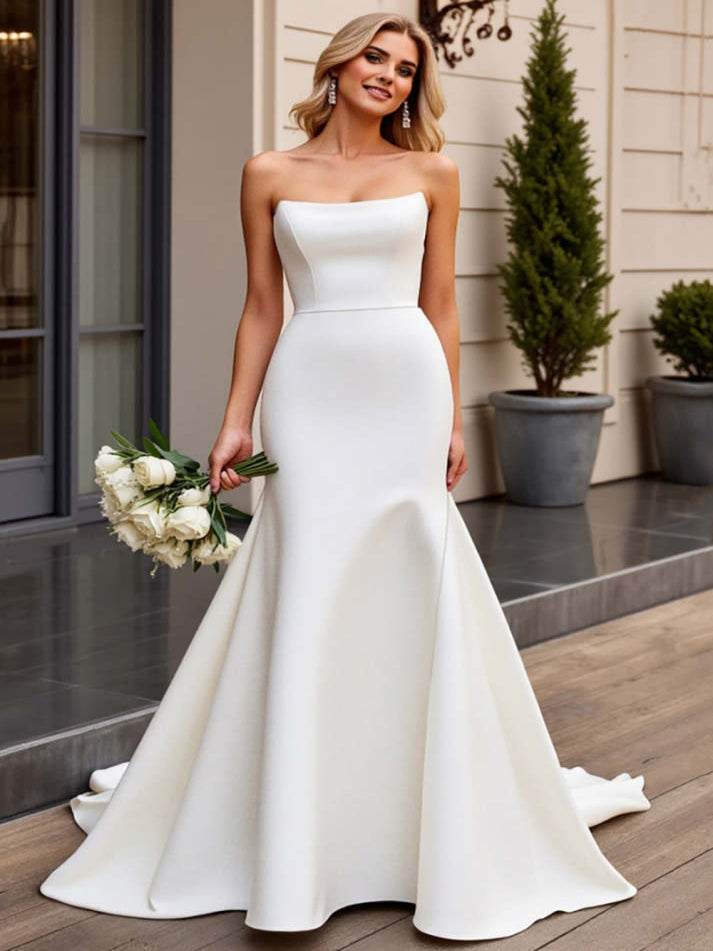 Simple Ivory Mermaid Satin Strapless Sweep Train Wedding Dress