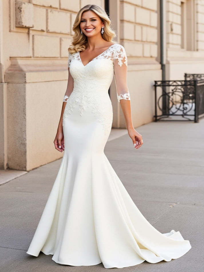Ivory Satin Half Sleeves Sweep Train Mermaid Wedding Dress with Lace - FashionDia