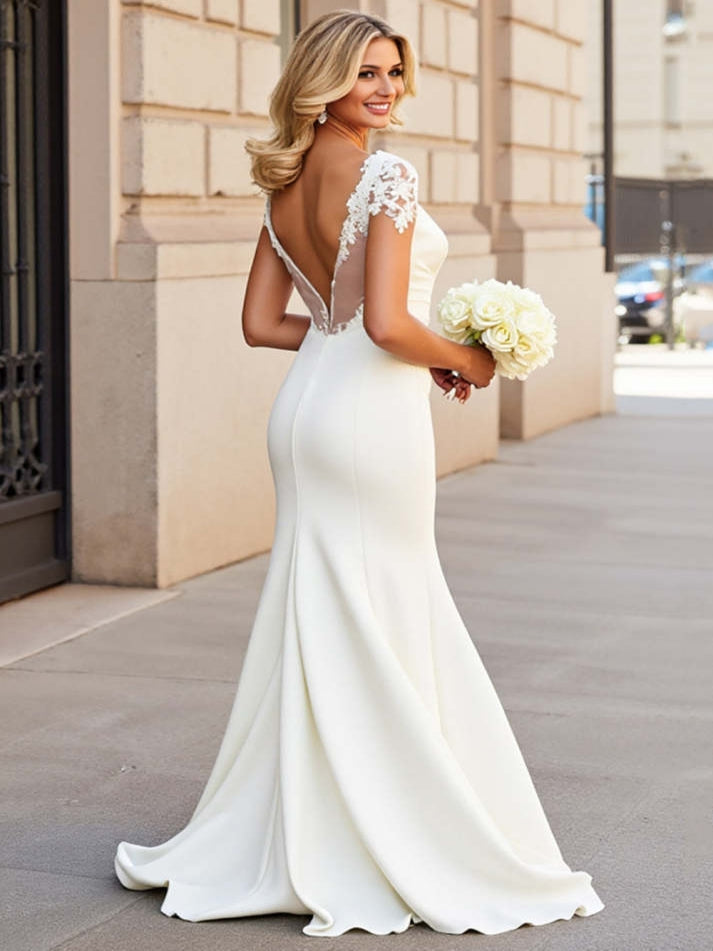 Ivory Satin Half Sleeves Sweep Train Mermaid Wedding Dress with Lace - View 2 | FashionDia