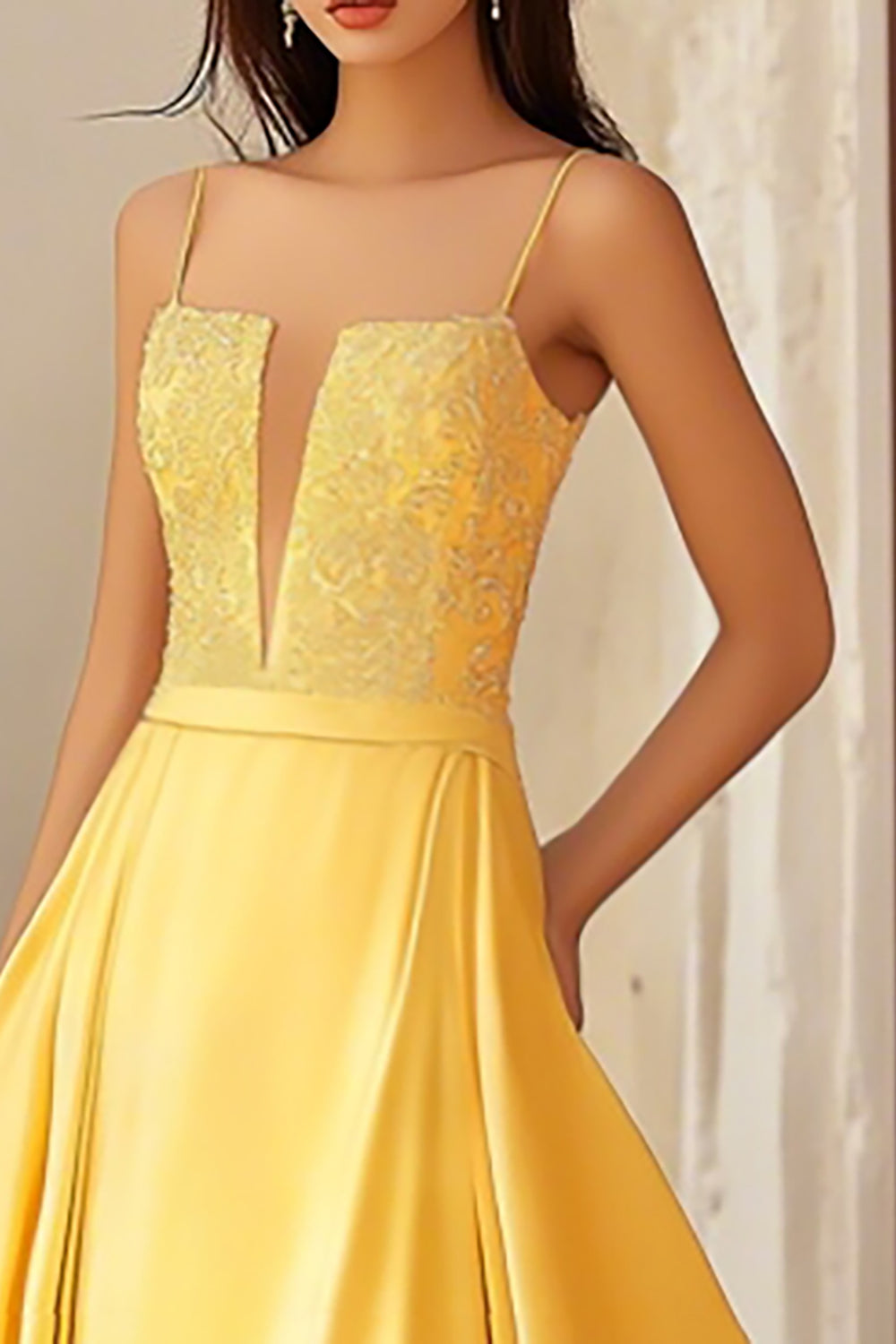 Yellow A-Line Satin Spaghetti Straps Long Prom Dress with Lace