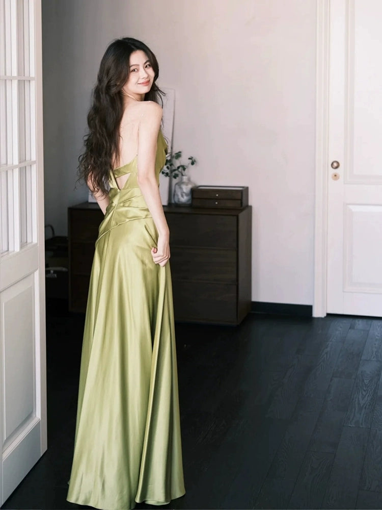A Line Green Satin Long Prom Dress Simple Bridesmaid Dresses J8622