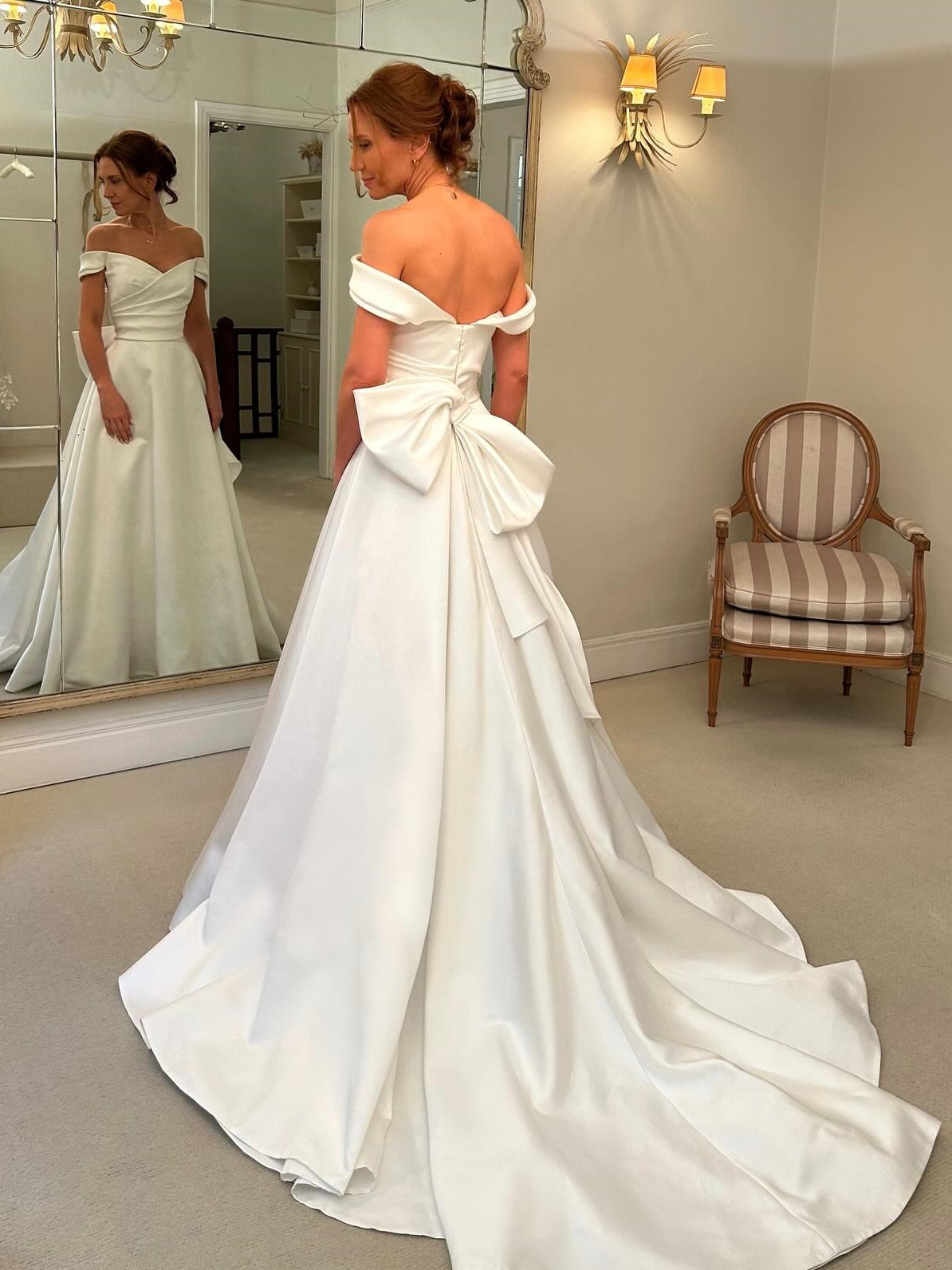 Simple A-Line Bow Off the Shoulder Satin Wedding Gown