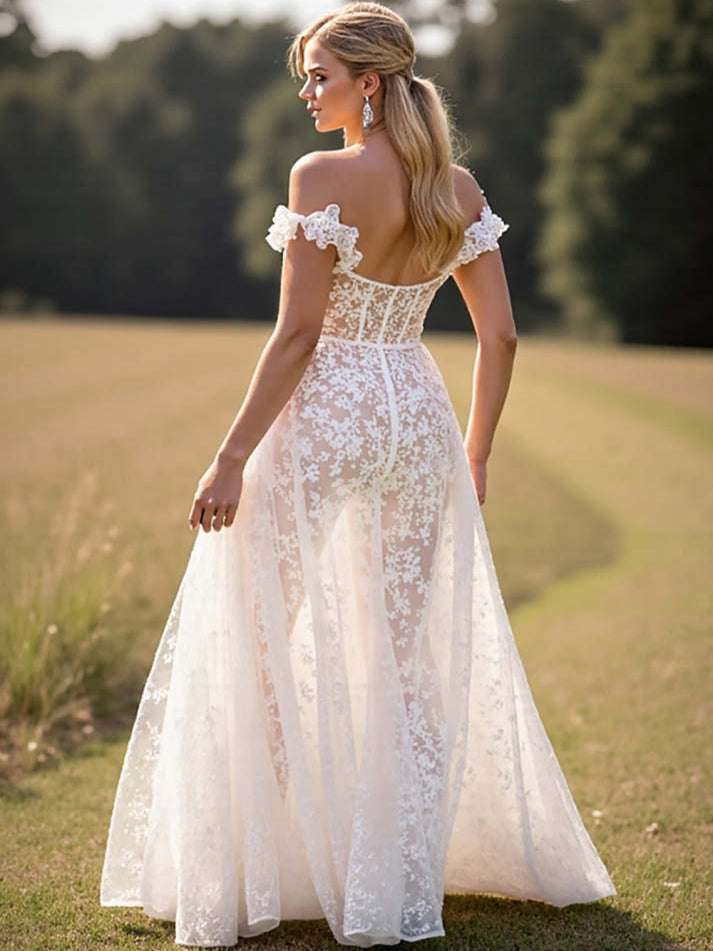 White Corset Lace A Line Sweep Train Boho Western Wedding Dress with Slit