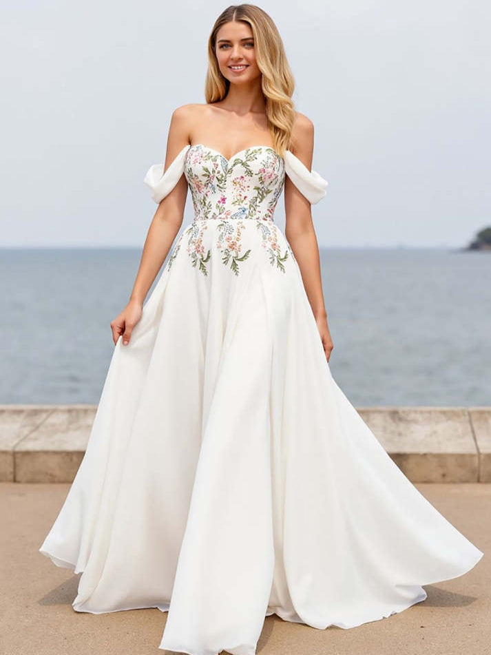 Ivory A Line Floral Sweep Train Chiffon Wedding Dress with Slit