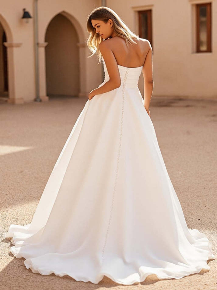 Ivory Satin A Line Strapless Sweep Train Wedding Dress with Slit