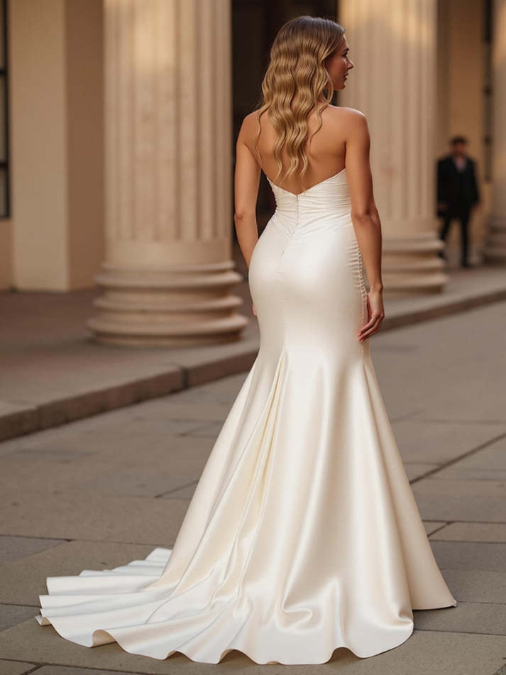 Elegant Mermaid Ivory Sweetheart Satin Sweep Train Wedding Dress
