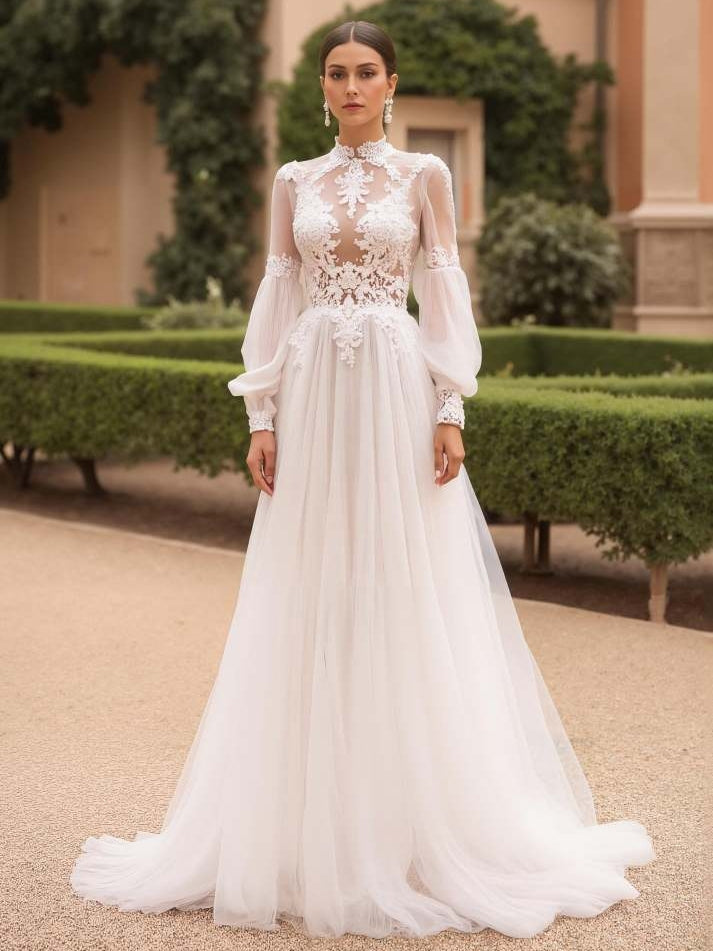 Vintage High Neck Long Sleeves Ivory Sweep Train Wedding Dress with Lace