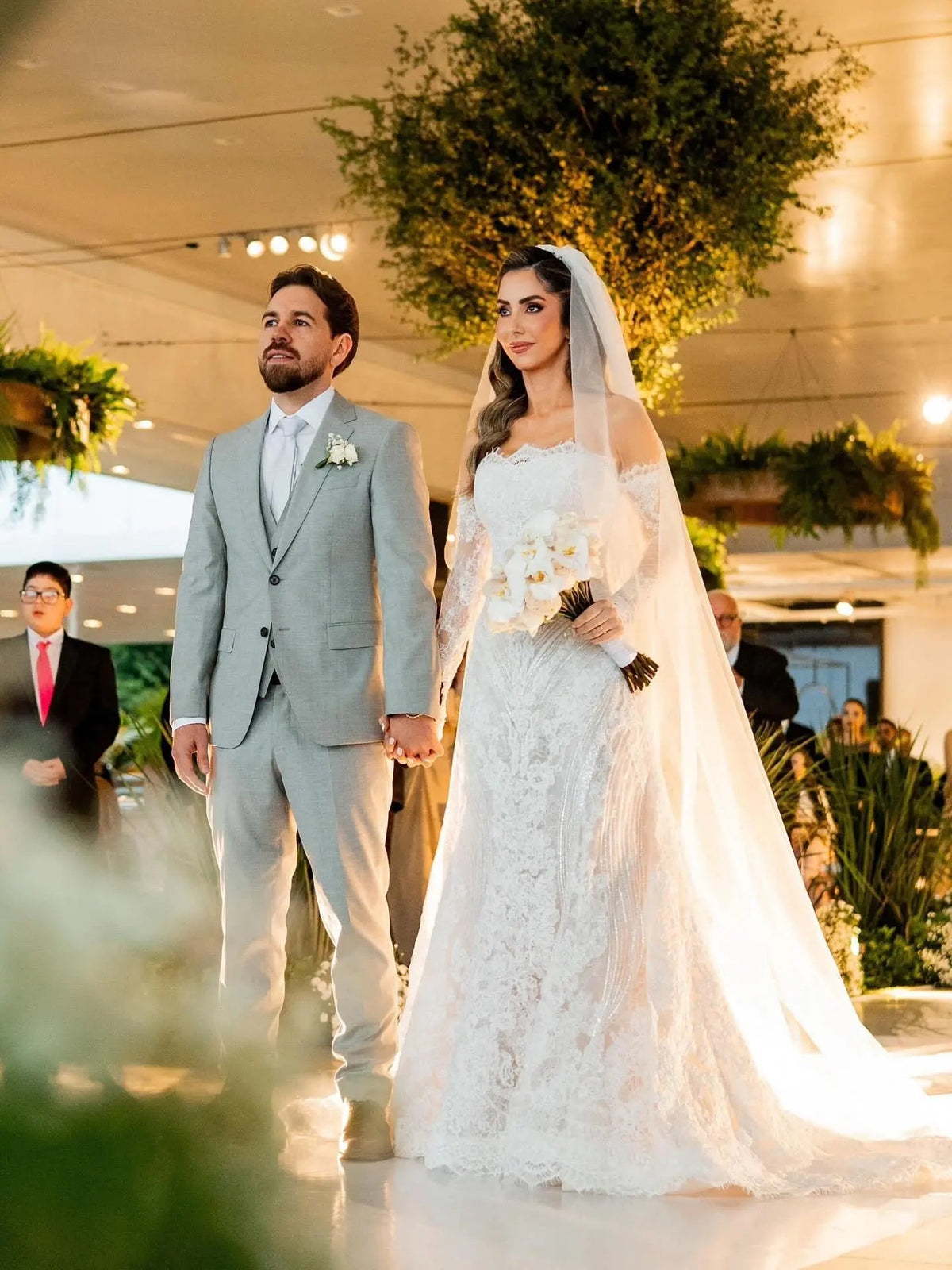 White Beaded Lace Bridal Gown with Off Shoulder Long Sleeves ZP203 - View 2 | VelvetHem