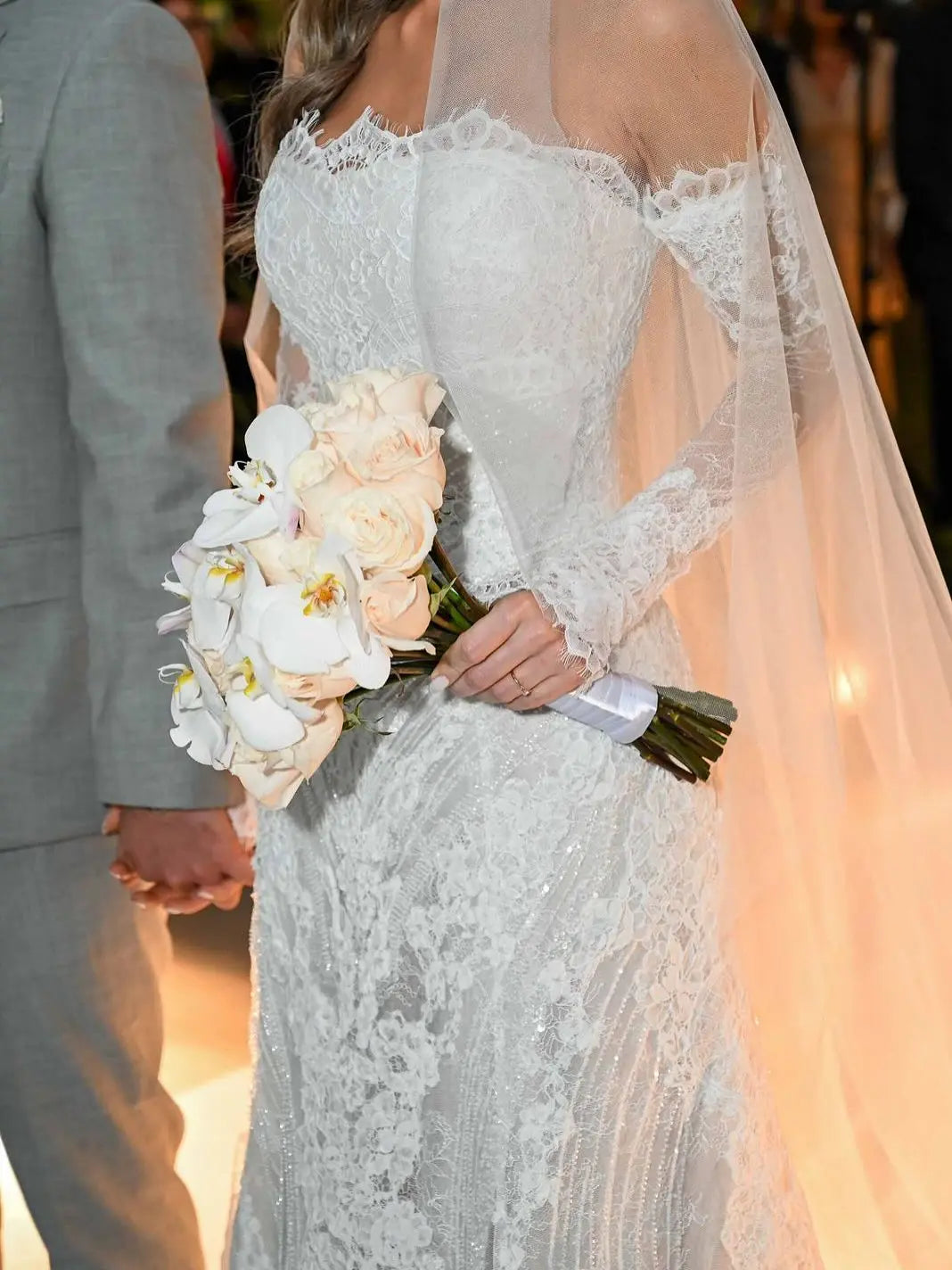 White Beaded Lace Bridal Gown with Off Shoulder Long Sleeves ZP203