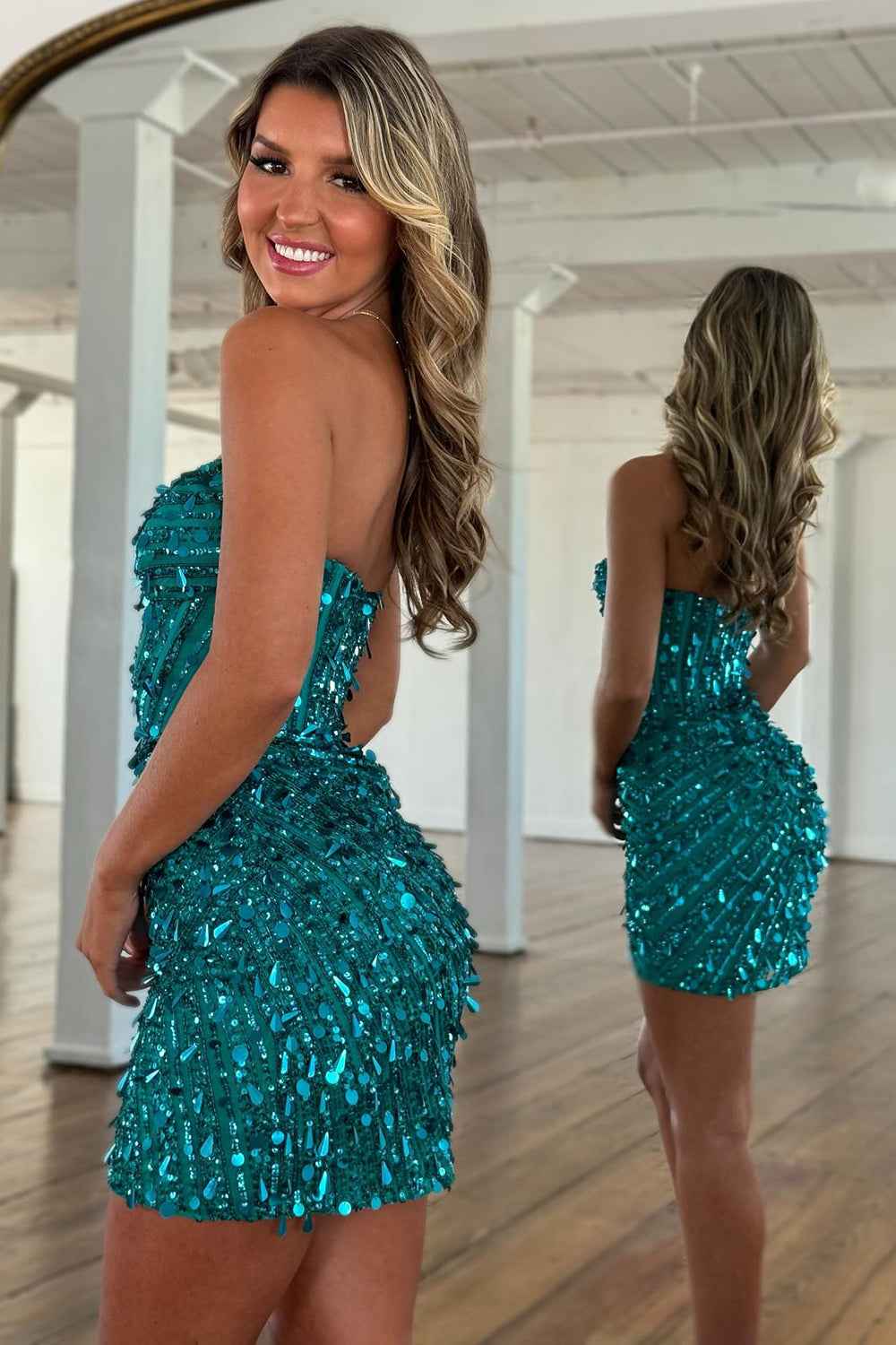 Sparkly Gold Fully Beaded Prom Dress with Deep V Neck Slit and Open Back (ZD17393)