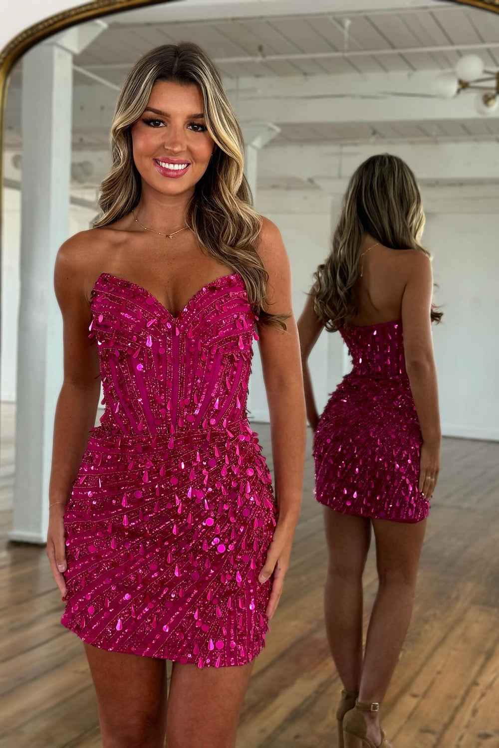 Sparkly Gold Mermaid Sequins Sweetheart Long Corset Prom Dress with Slit (ZD17394)