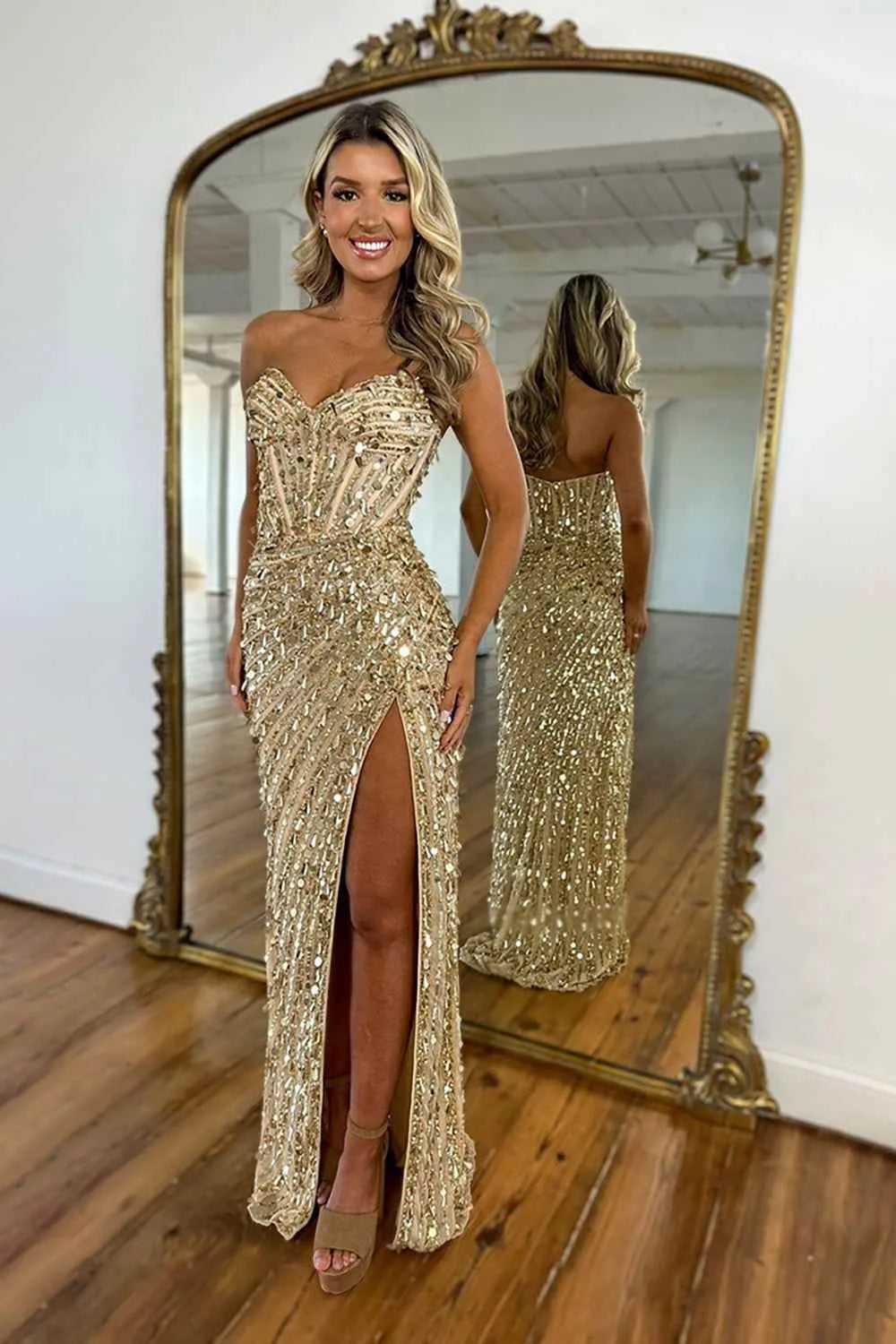 Sparkly Gold Fully Beaded Prom Dress with Deep V Neck Slit and Open Back (ZD17393)