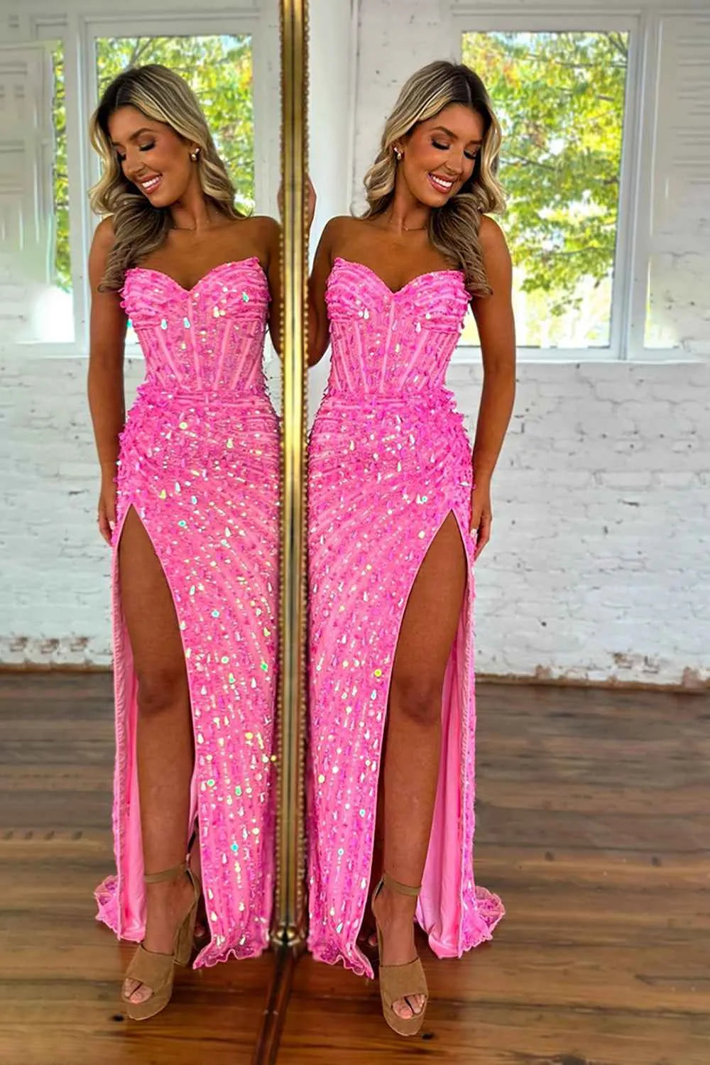 Sparkly Gold Fully Beaded Prom Dress with Deep V Neck Slit and Open Back (ZD17393)