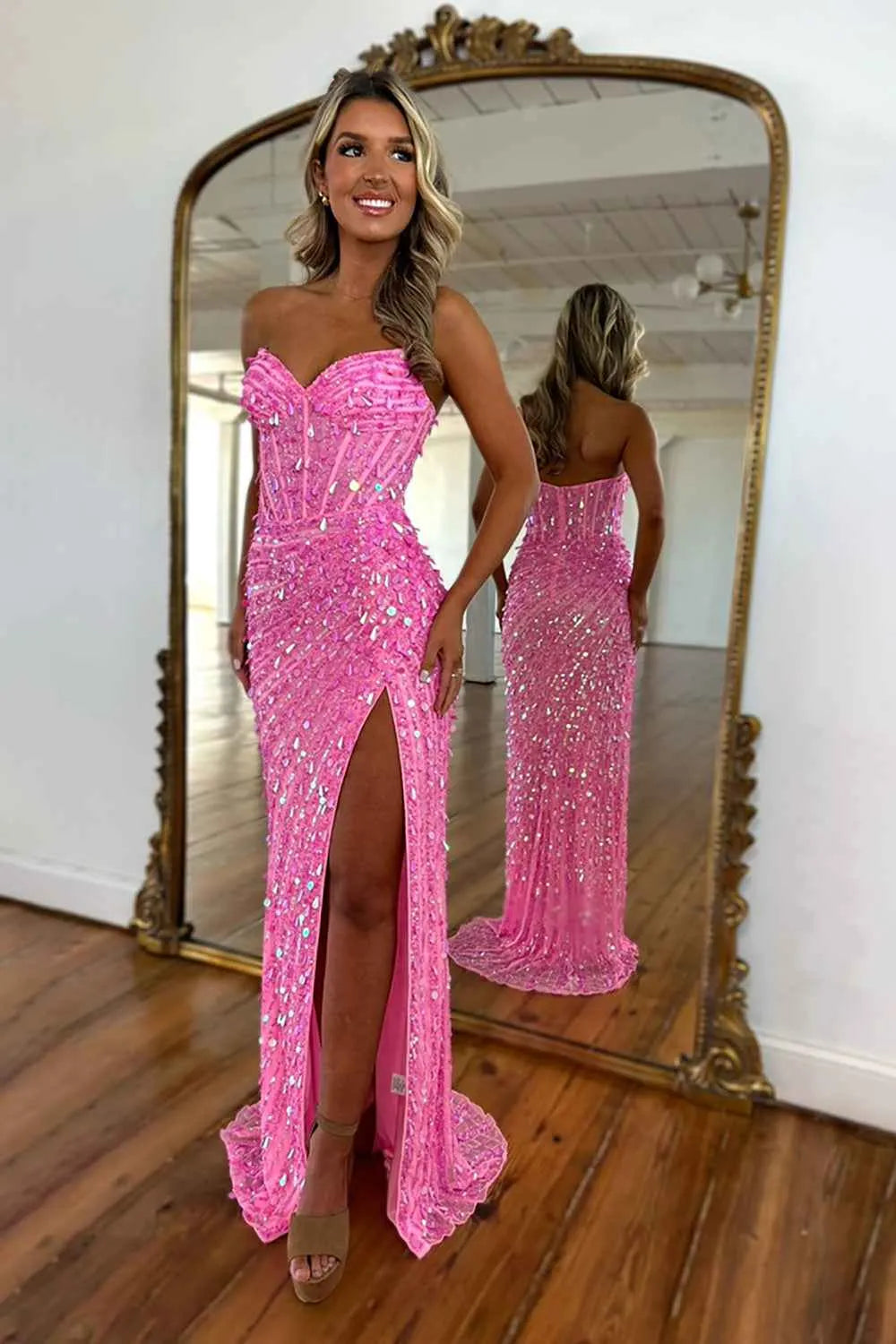 Sparkly Gold Fully Beaded Prom Dress with Deep V Neck Slit and Open Back (ZD17393)