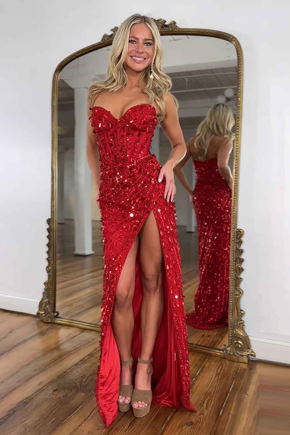 Sparkly Gold Mermaid Sequins Sweetheart Long Corset Prom Dress with Slit (ZD17394)