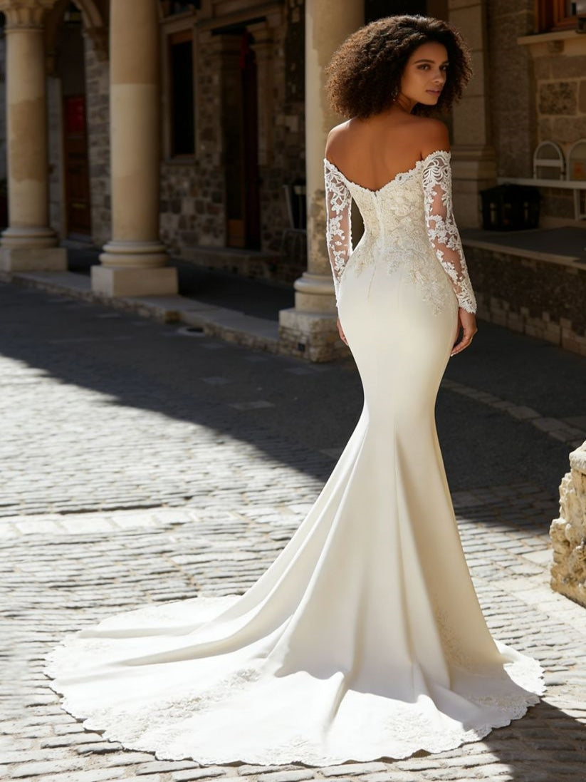 Ivory Long Sleeves Satin Sweep Train Mermaid Wedding Dress