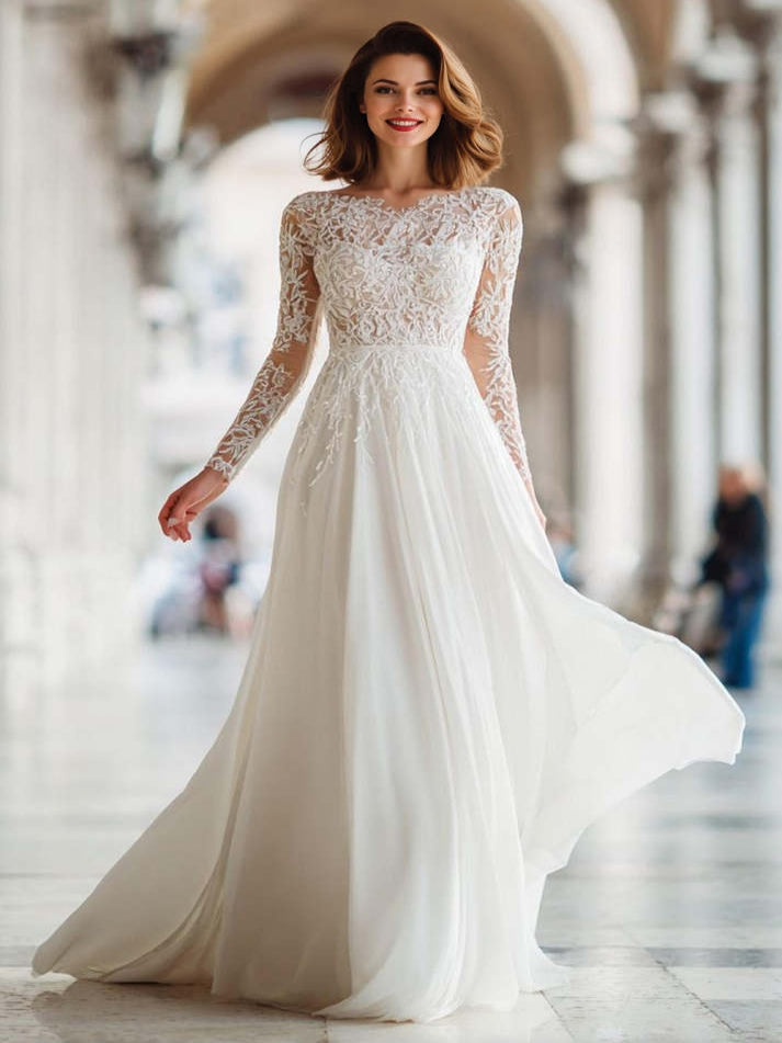 Ivory Illusion Boat Neck Floor-Length A Line Wedding Dress with Lace