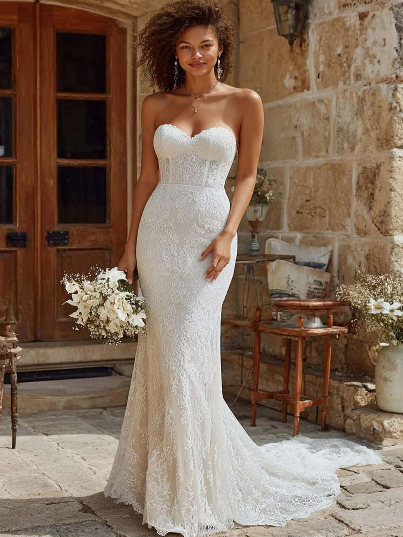 Ivory Mermaid Corset Lace Sweep Train Wedding Dress