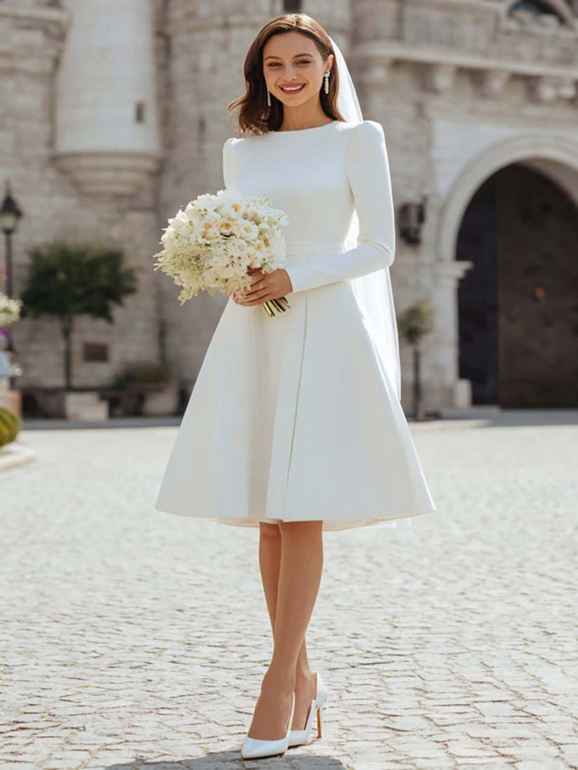 Ivory Short A Line Simple Wedding Dress with Sleeves