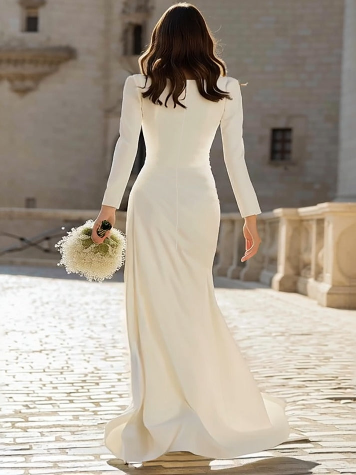 Ivory Sheath Bateau Neck Long Sleeves Wedding Dress with Slit