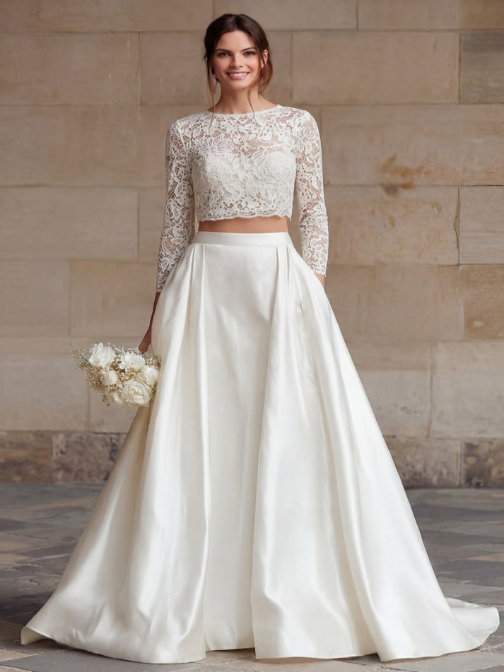 Ivory Satin 2 Piece Long Sleeves A Line Wedding Dress with Lace