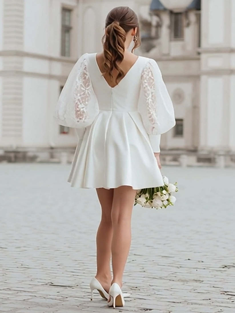 Ivory Satin A Line Lantern Sleeves Short Wedding Dress with Lace