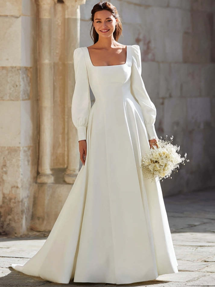 Simple Ivory Square Neck A-Line Sweep Train Wedding Dress with Sleeves