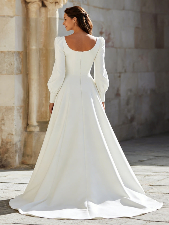 Simple Ivory Square Neck A-Line Sweep Train Wedding Dress with Sleeves