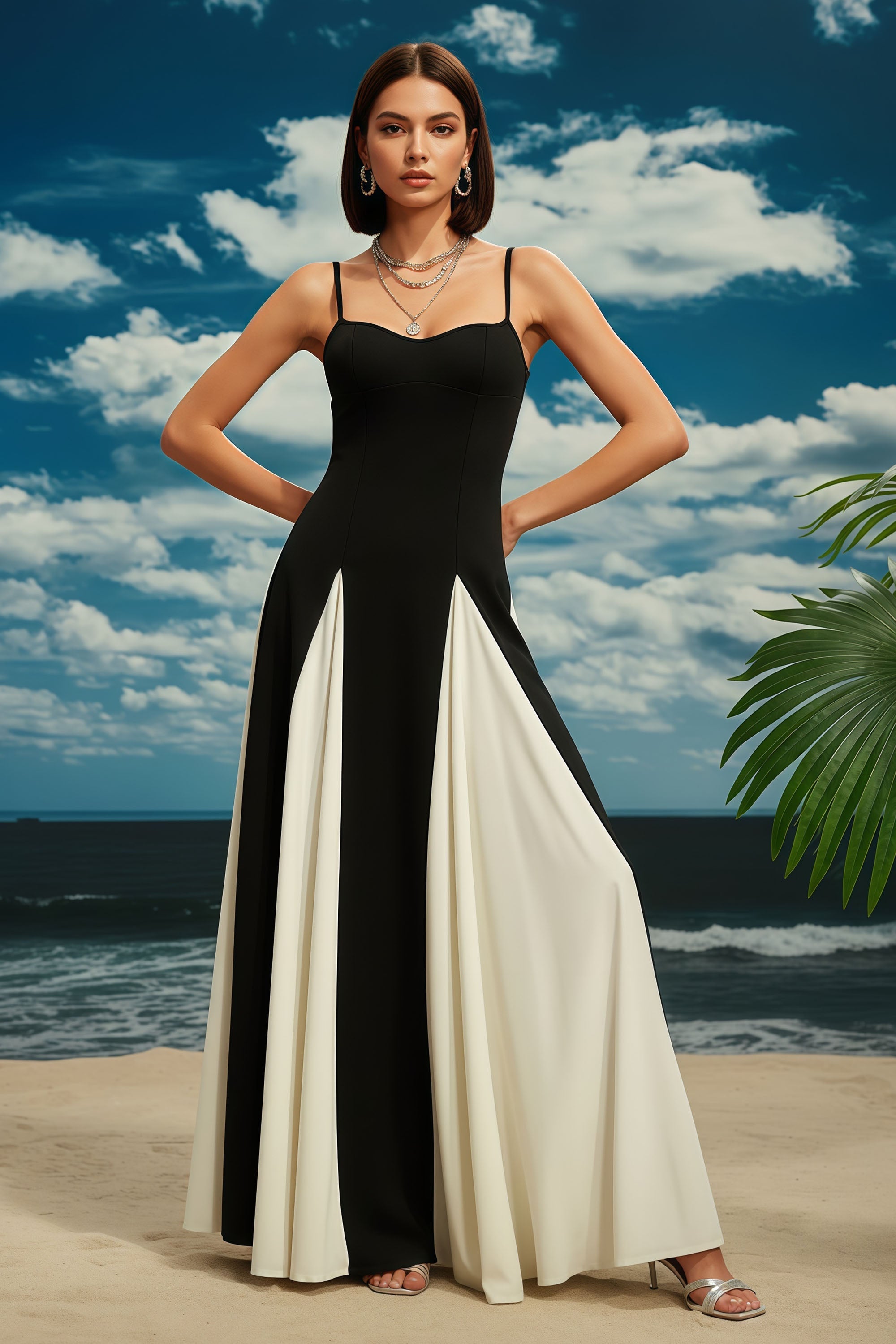 Elegant Spaghetti Strap Maxi Dress with Contrast Panel Skirt