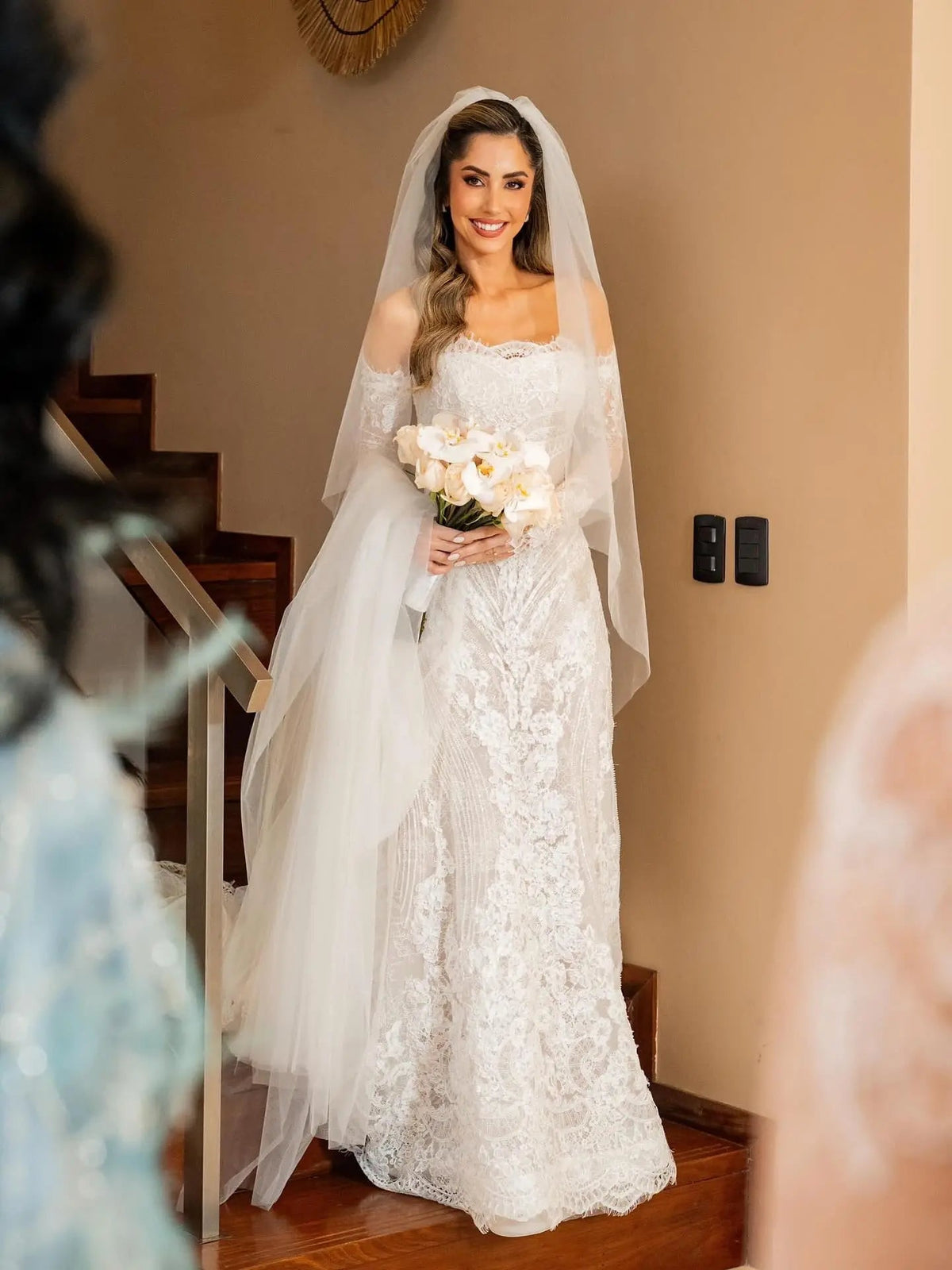 White Beaded Lace Bridal Gown with Off Shoulder Long Sleeves ZP203 - View 7 | VelvetHem