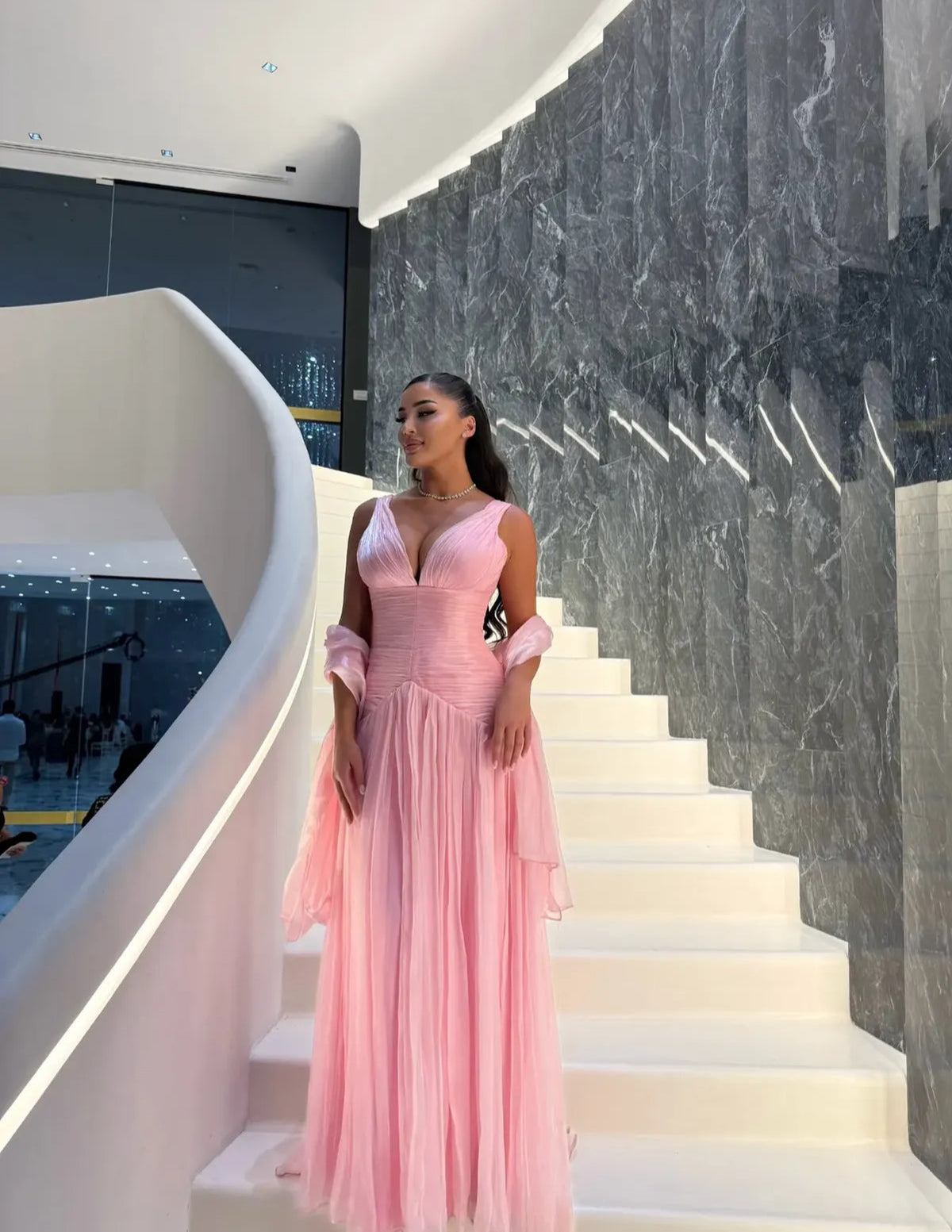 V-Neck A-Line Long Prom Dress Pink Wedding Guest Dress