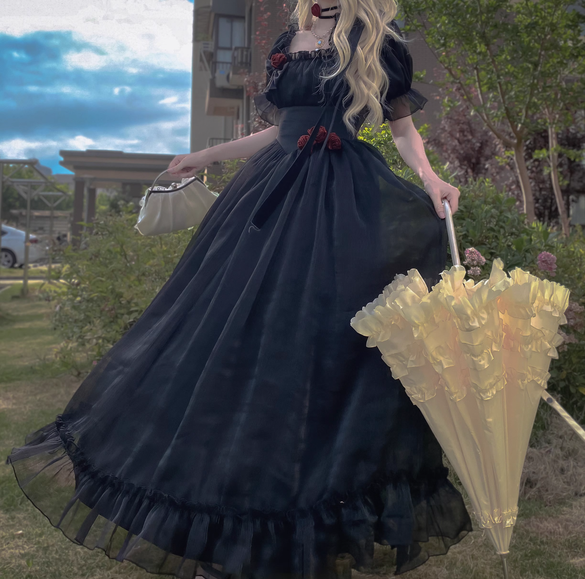 Retro A Line Square Neckline Short Sleeves Black Chiffon Long Party Dresses Birthday Dress