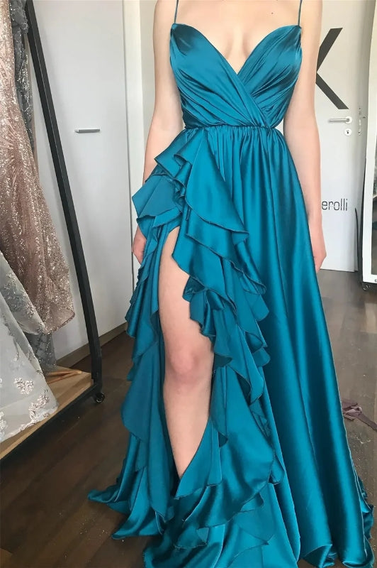 V-Neck Spaghetti Straps A-Line Ruffled Party Prom Dress