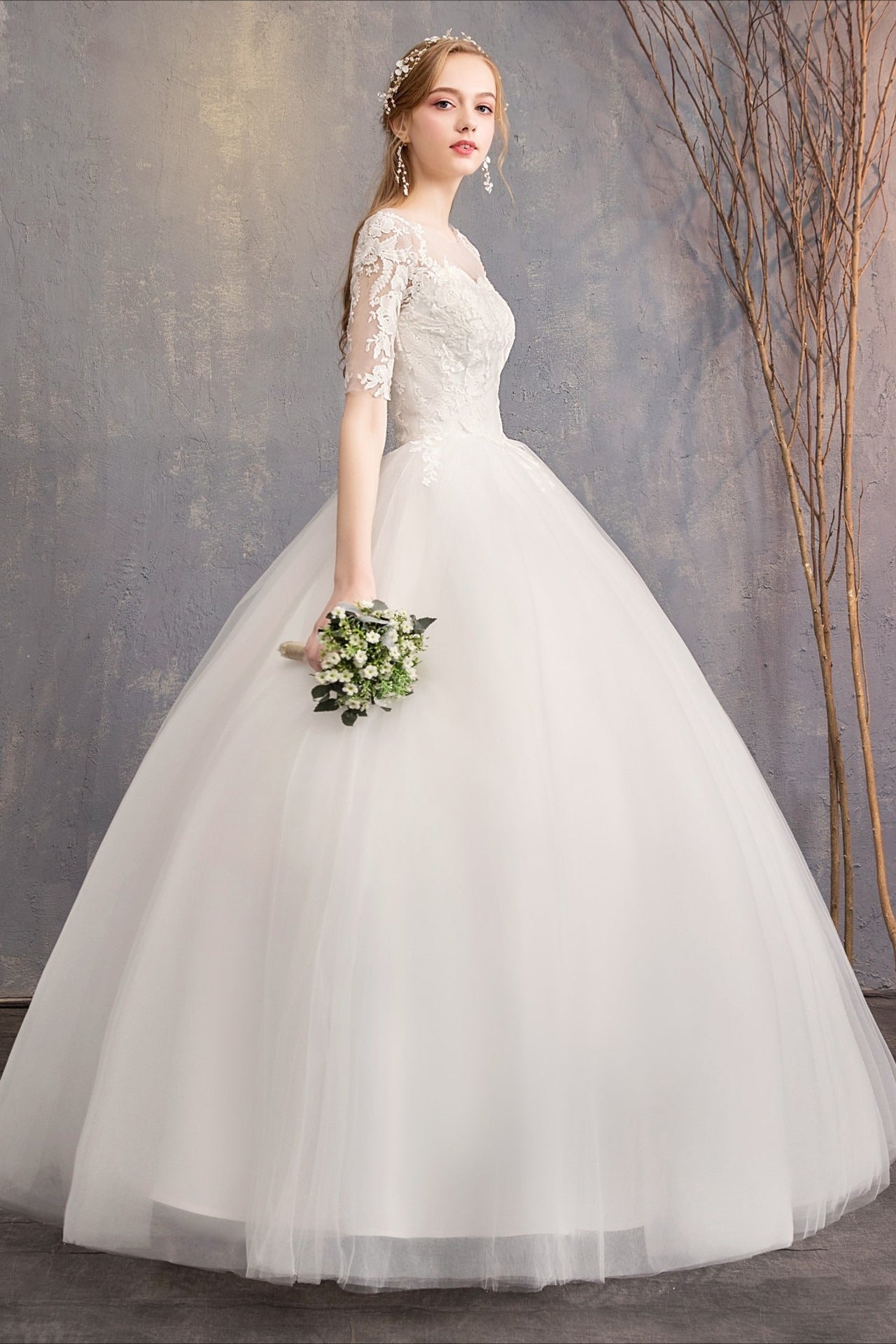 Lace Three Quarter Sleeve Wedding Dress