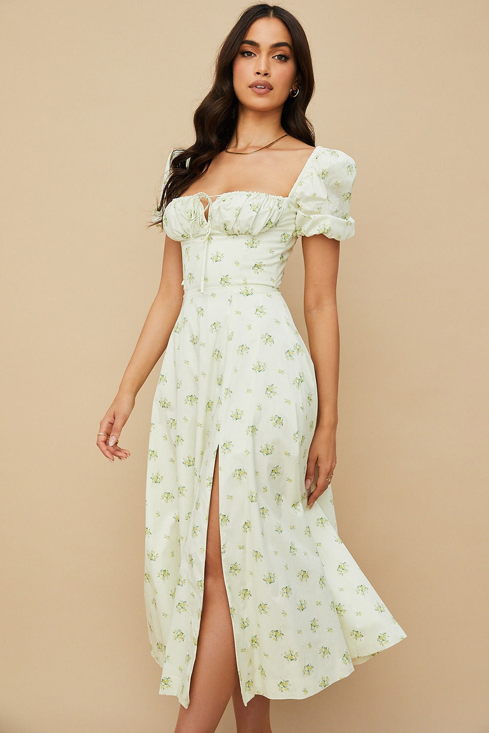 Puff Sleeve Wrap Slit Maxi Flower Dress