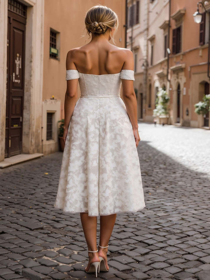 White Off the Shoulder Midi Lace Engagement Dress