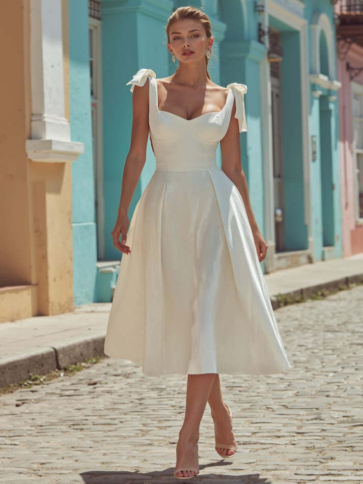 White Satin Backless Thick Straps Midi Engagement Dress with Bows