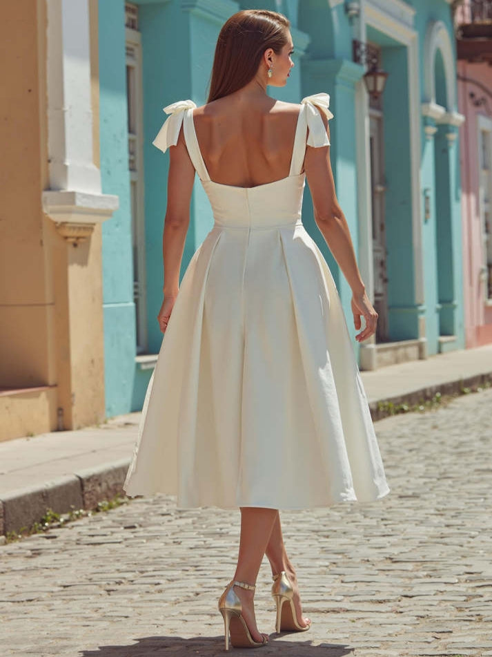 White Satin Backless Thick Straps Midi Engagement Dress with Bows - View 2 | FashionDia