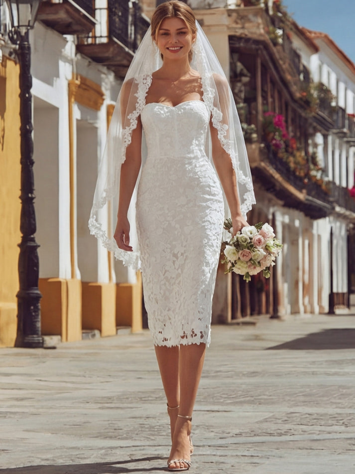 Ivory Thick Straps Lace Bodycon Midi Engagement Dress