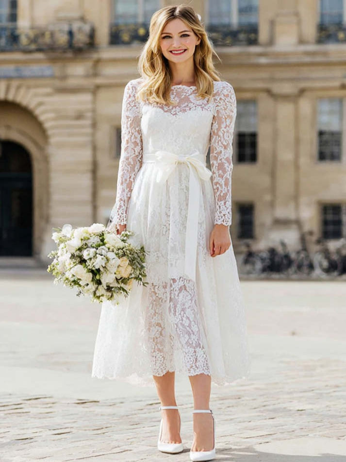 Ivory Lace A Line Maxi Wedding Dress with Sleeves