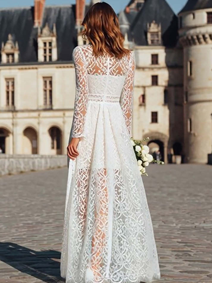 Ivory High Neck A-Line Maxi Boho Wedding Dress with Sleeves