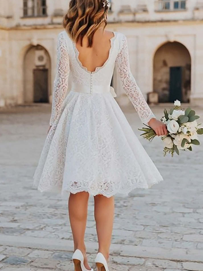 Ivory A Line Lace Midi Boho Wedding Dress with Sleeves