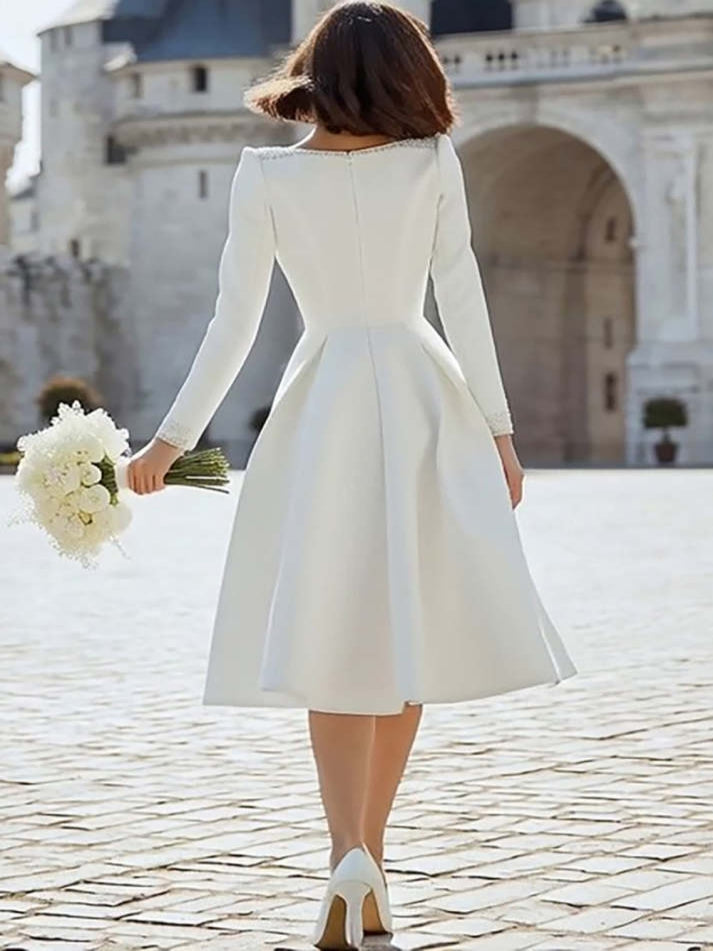 Sparkly Ivory V-Neck A-Line Midi Engagement Dress with Sleeves - View 2 | FashionDia