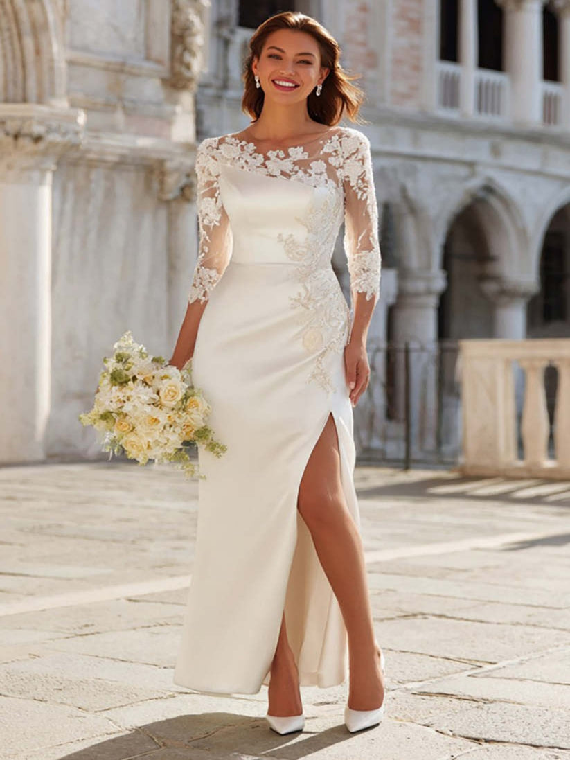 Ivory Sheath Appliqued Maxi Wedding Dress with Slit