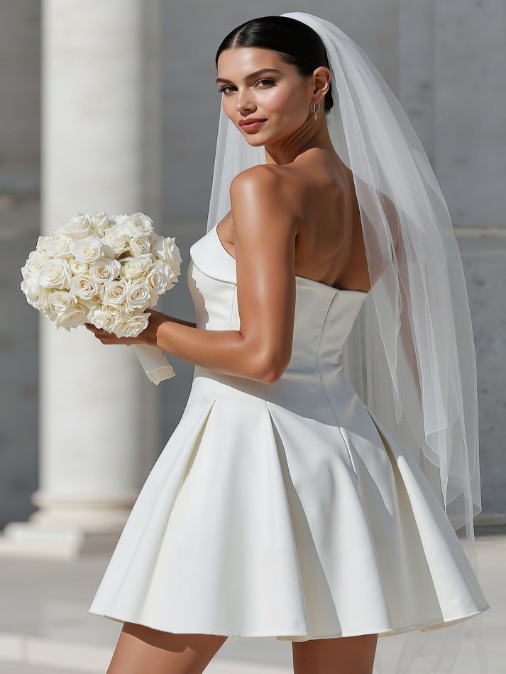 White Strapless A Line Satin Short Wedding Dress with Pocket