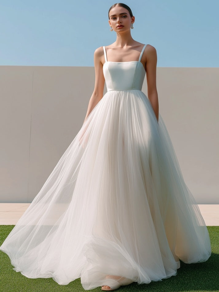 White Tulle A Line Long Engagement Dress