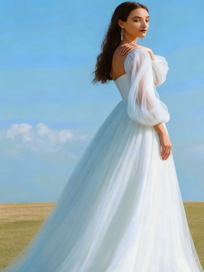 White A Line Long Tulle Engagement Dress with Sleeves