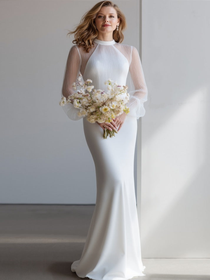 White Long Sleeves Round Neck Wedding Dress