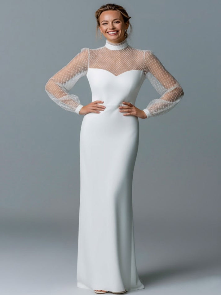 White High Neck Sheath Long Sleeves Wedding Dress