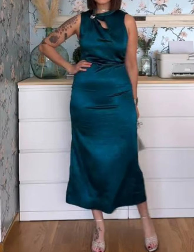 Gold Inlaid Silk Texture Midi Dress - VelvetHem